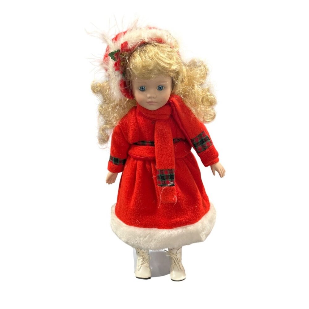 Christmas Doll Ice Skates Blonde Curls Blue Eyes Red Fleece Faux Fur Trim 90s VT